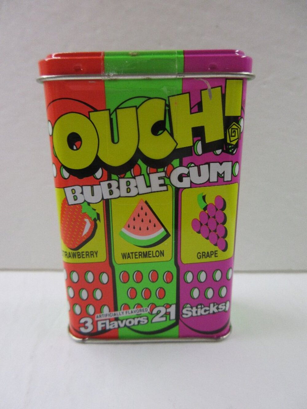 Ouch! Bubble Gum Strawberry Watermelon Grape EMPTY Metal Tin Vintage 1990s